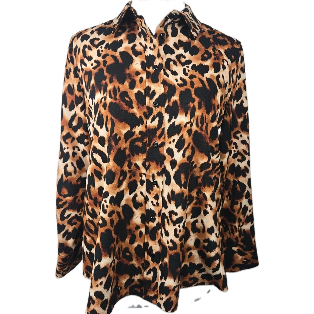 Investments Petites PS Animal Print Woven Button Up Long Sleeve Blouse Top